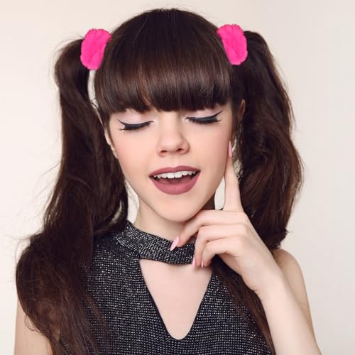 Semato Hot Pink Fuzzy Hair Scrunchies 2Pcs Faux Fur Pom Pom Ponytail Holders