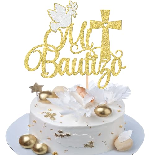 Spanish Mi Bautizo Cake Topper - Gold Glitter Cross Design 1