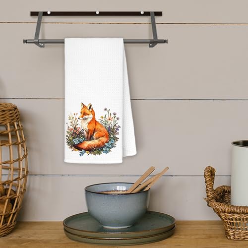 JINYO Floral Fox Kitchen Towel - Decorative 16x24 Inch Hand Towel