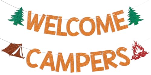 Welcome Campers Banner - Orange Glitter Camping Party Decor