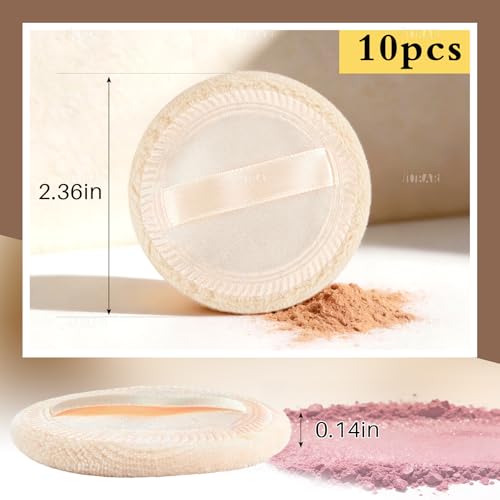 AUEAR Washable Pure Cotton Powder Puffs 10 Pack Beige 2.36 Inch