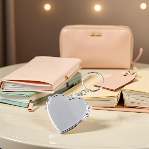 Heart Shaped Metal Compact Pocket Mirror with Keychain Travel Folding