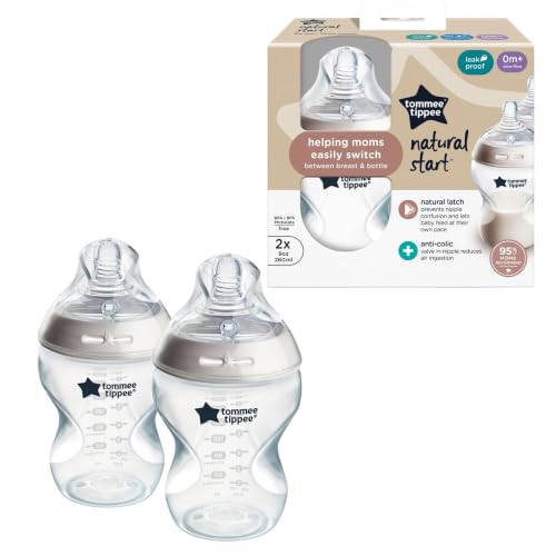 Tommee Tippee Natural Start Anti-Colic Wide Neck Baby Bottles 9oz Muted, BPA-Free, Slow Flow, Self-Sterilizing, Pack of 2
