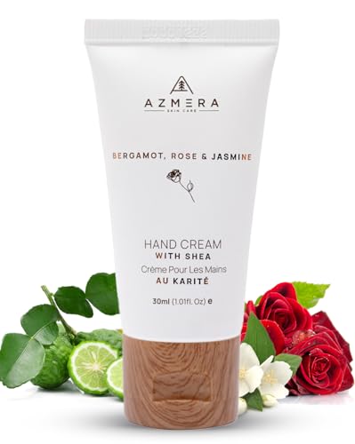 AZMERA Shea Butter Hand Cream - Ultra Hydrating Moisturizer for Dry Cracked Hands (Bergamot Rose & Jasmine, 30ml)