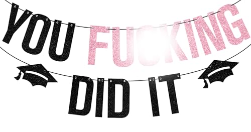 2026 Graduation Party Banner - Pink Glitter 'You Did It' Decor