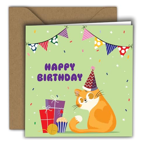 Happy Birthday Cat Card with Party Hat – 5.9" Square Folded Card