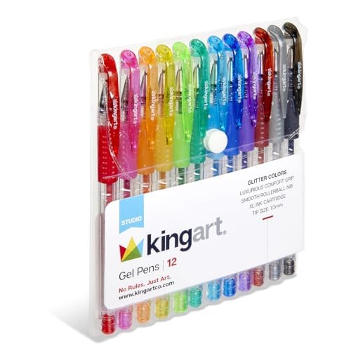 KINGART Comfort Grip Gel Pens Set - 12 Glitter Colors, 1.0mm Tip