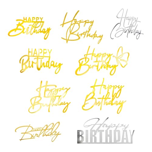 Happy Birthday Cake Topper Golden Acrylic 9 Pack Party Decor