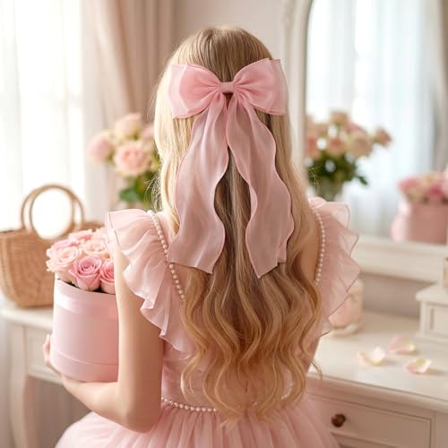 Mabor Large Pink Hair Bows with Long Tail Clip, 2 Pcs