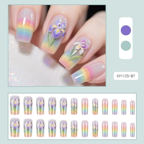 Pastel Rainbow Floral Press On Nails Medium Square Reusable Set