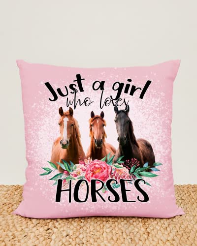 PreLiving Just A Girl Who Loves Horses Pink Pillow Cover 18x18 Inches – Farmhouse Animal Decor for Girls & Women