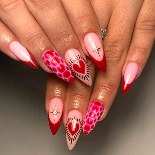 Red French Tip Press On Nails with Rhinestones Medium Almond False Nails 24pcs