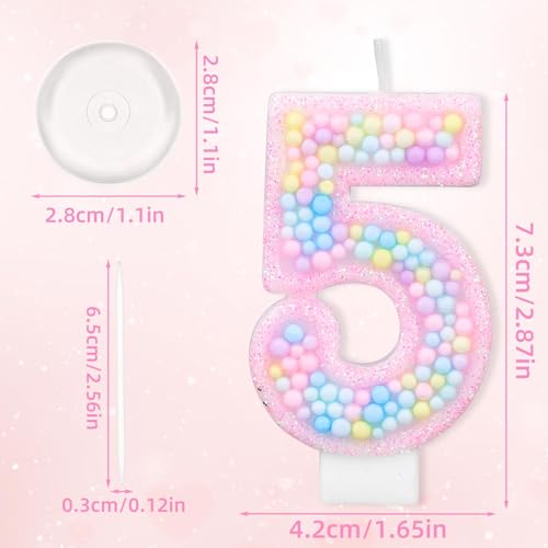 Lasuroa Number 5 Macaron Birthday Candle, Pink Glitter Cake Topper