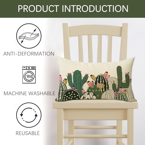 Boho Cactus Lumbar Throw Pillow Cover 12x20 | Cotton Linen