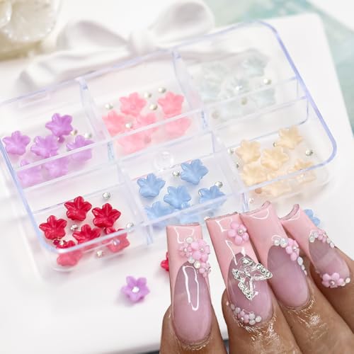 72Pcs 3D Flower Nail Charms Colorful Floral Resin Rhinestones for Manicure