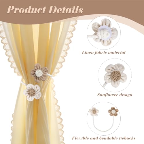 Boho Flower Curtain Tiebacks - 2Pcs Natural Linen Rope Holders