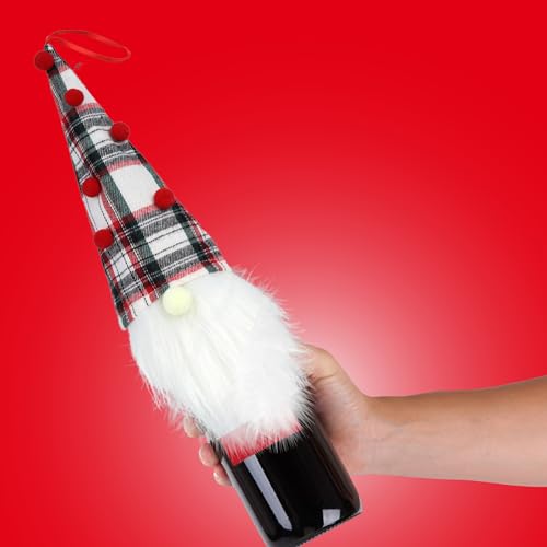Christmas Gnome Wine Bottle Topper - Festive Plaid Decorative Cover