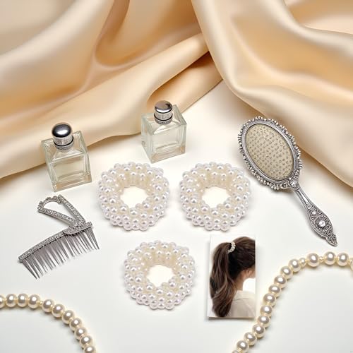 White Pearl Hair Bands 3-Pack Elastic Ponytail Holder for Women