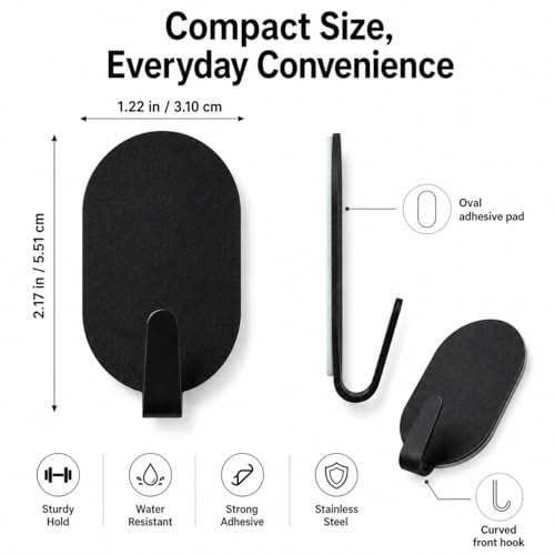 Black Adhesive Wall Hooks - 12 Pcs Minimalist No-Drill Metal Hooks