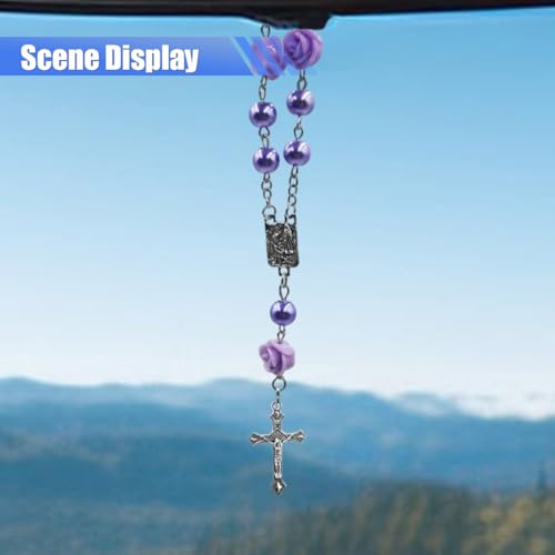 Purple Rosary Cross Rearview Mirror Charm - Elegant Car Pendant