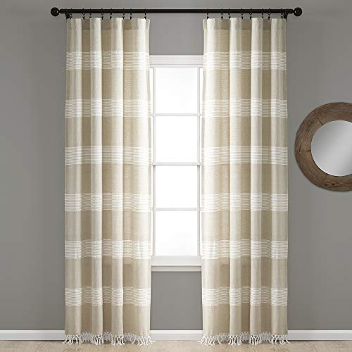Lush Decor Tucker Stripe Yarn Dyed Cotton Knotted Tassel Window Curtain Panel Pair, 84" x 40", Taupe