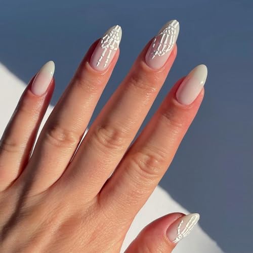 Halloween Press On Nails Medium Almond 3D Skull French Tip False Nails