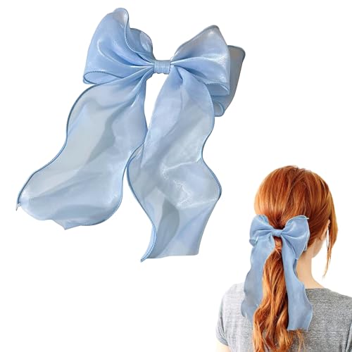 AEGYPIUS Large Light Blue Hair Bow with Long Tail Satin Ribbon Clip