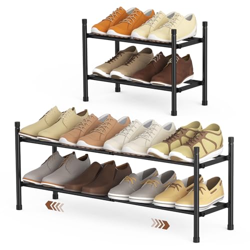 Expandable 2-Tier Shoe Rack - Adjustable Metal Organizer for Entryway & Closet