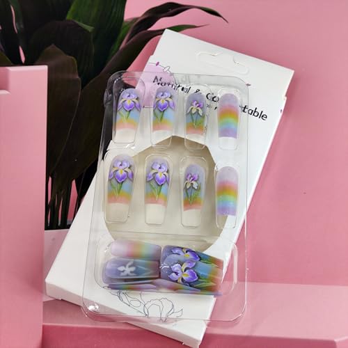 Pastel Rainbow Floral Press On Nails Medium Square Reusable Set