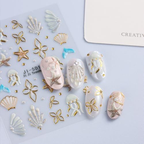 5D Embossed Summer Ocean Nail Art Stickers Self-Adhesive Beach Decals