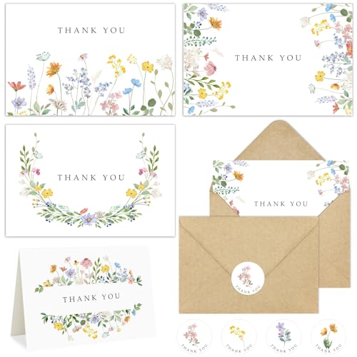 Hidreas Floral Thank You Cards with Kraft Envelopes, 4x6 Inch, 24 Pack