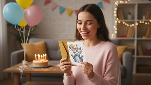 Rainbow Cat Birthday Card - Kawaii Greeting Card for Cat Lovers