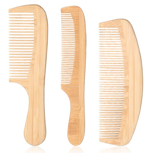 Natural Wooden Hair Comb Set - 3 Pack Anti-Static Bamboo Detangling Combs