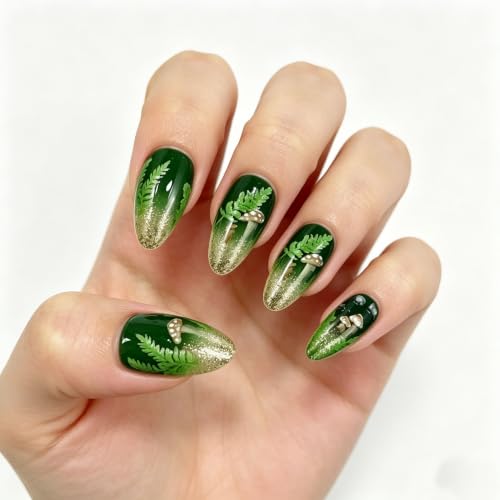 Green Glitter Mushroom Press on Nails Medium Almond Fake Nails 24pcs