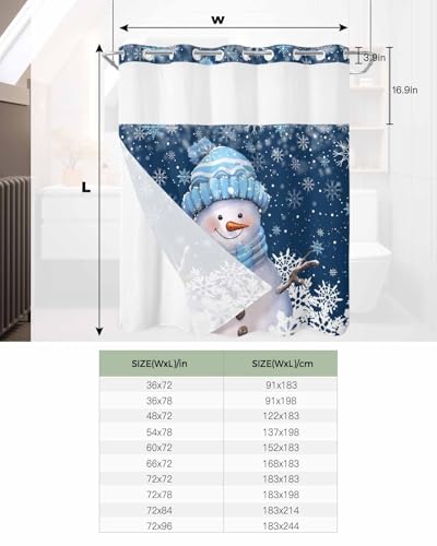 Blue Christmas Shower Curtain with Snap-in Liner - 66x72 Inches - Snowman Winter Design
