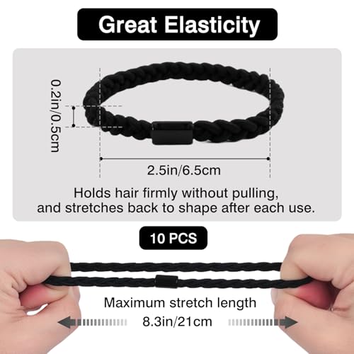 Brvlsoc Braided Black Hair Ties for Men - 10 Pack Strong Elastic Bands