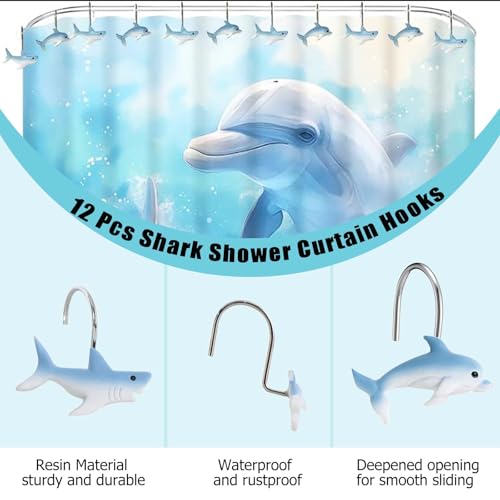 12 Pcs Shark and Dolphin Shower Curtain Hooks, Rust-Proof Nautical Rings