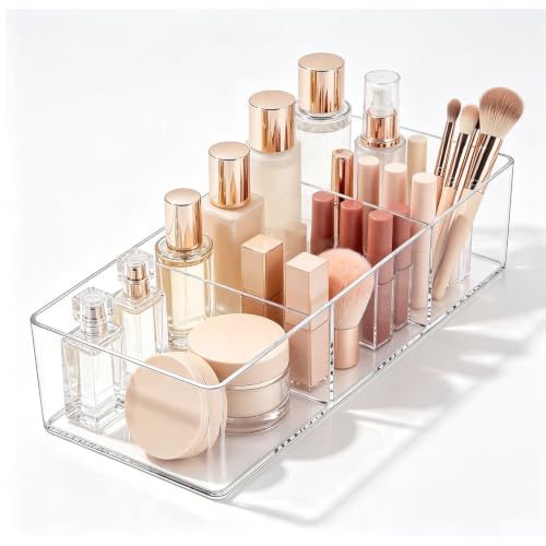 Clear Acrylic 3-Compartment Makeup Organizer Tray for Vanity Storage