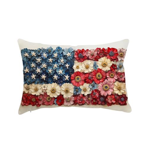 Patriotic Floral American Flag Lumbar Pillow Cover 12x20 Farmhouse Decor