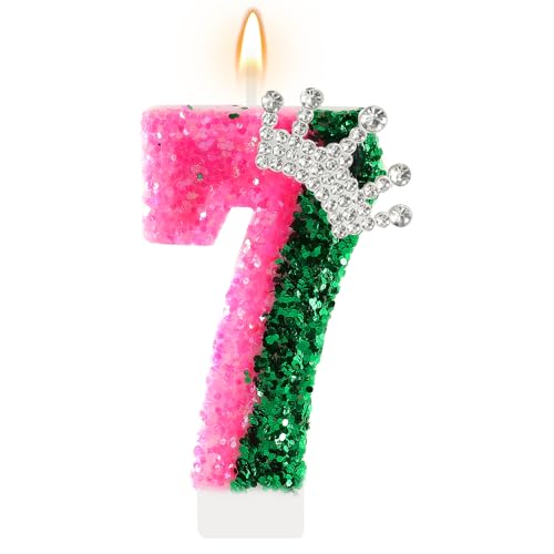 AKURIEEY Pink & Green Number 7 Birthday Candle Crown Cake Topper Wicked Themed Party Decor