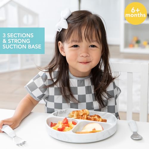 Bumkins Silicone Suction Plate for Toddlers - Divided Grip Dish, Marble