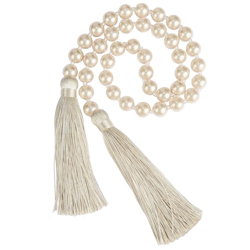 34-Inch Pearl Glass Bead Garland with Tassels - Off White Boho Decor