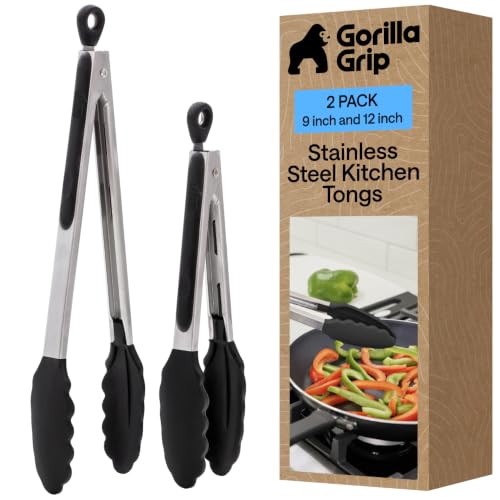 Gorilla Grip Stainless Steel Kitchen Tongs 2 Pack, Black, 9" & 12" - Heat Resistant & Non-Slip Grip