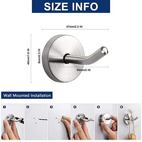 NearMoon Brushed Nickel Wall Mount Coat Hooks 6 Pack, 2 Inch Heavy Duty Stainless Steel Towel Hooks for Bathroom Kitchen Garage