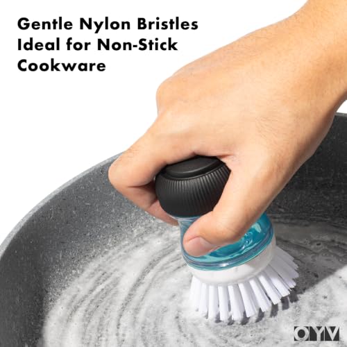 OYV Soap Dispensing Palm Brush - Durable Dish Scrub Brush, Black/Clear/White