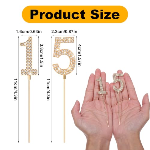 15th Birthday Cake Topper with Rhinestones - Elegant Gold Decoration