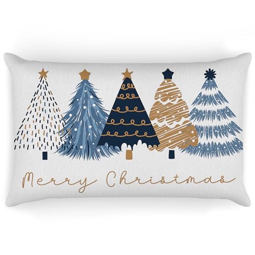 Christmas Tree Pillow Cover - Blue and Gold Holiday Decor for Living Room & Bedroom - 20x12 - Variation of this Listing