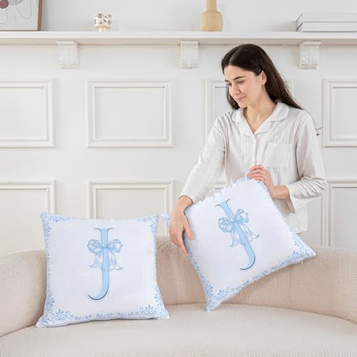 Blue J Throw Pillow Cover 16"x16" - Watercolor Floral Bow Design