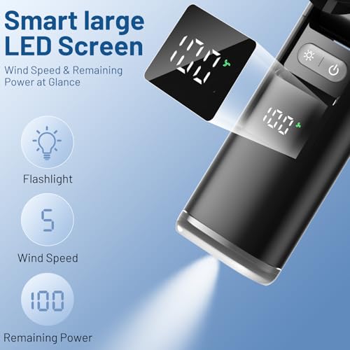 Lerat Midnight Black Portable Handheld Turbo Fan - 12H Runtime, 5 Speeds, LED Display & Flashlight