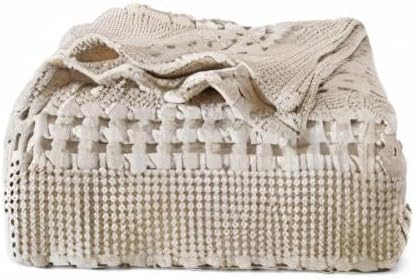 PHF 100% Cotton Waffle Weave Blanket - Soft, Lightweight & Breathable Queen Size | Luxury Home Decor, 90"x90", Light Taupe/Oatmeal